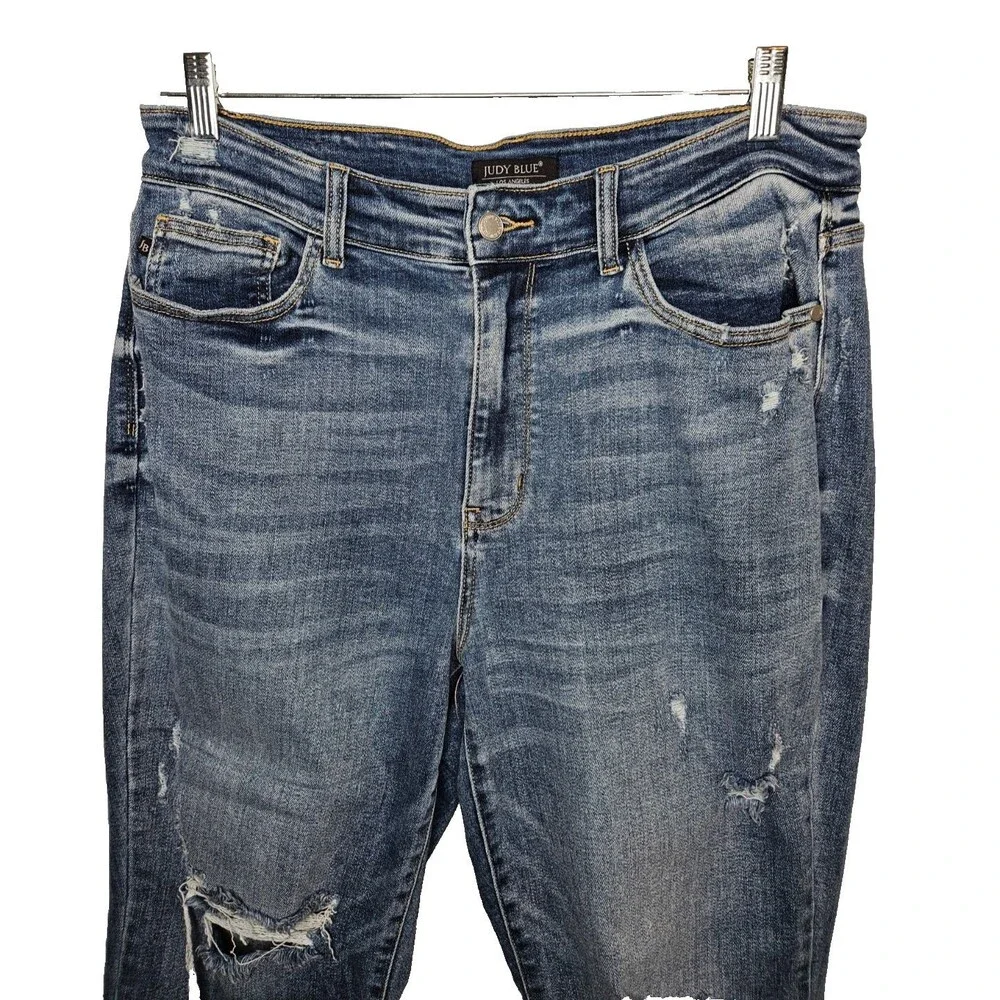 JUDY BLUE High Waist Destroy Wide Leg Jeans 14W Medium Wash Raw Hem Distressed